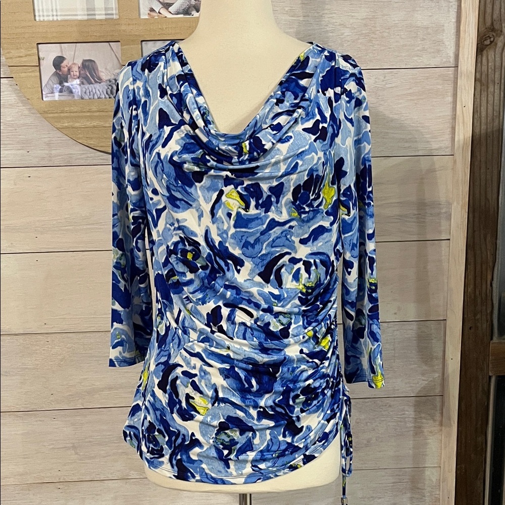 Dana Buchman Blue and Yellow Swirl Print Blouse M